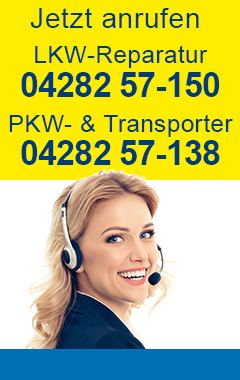 Jetzt anrufen: LKW-Reparatur: 04282 57-150 PKW- und Transporter-Reparatur: 04282 57-138