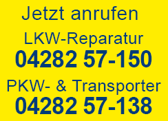 Jetzt anrufen: LKW-Reparatur: 04282 57-150 PKW- und Transporter-Reparatur: 04282 57-138